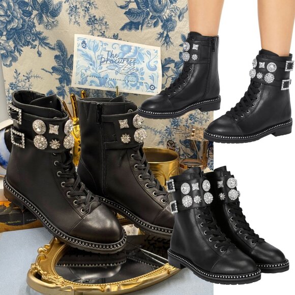 🆕 KURT GEIGER LONDON 🧿 NWOB Stoop Black Leather Combat Boot, Crystal Sz 37 US7 - Picture 1 of 15